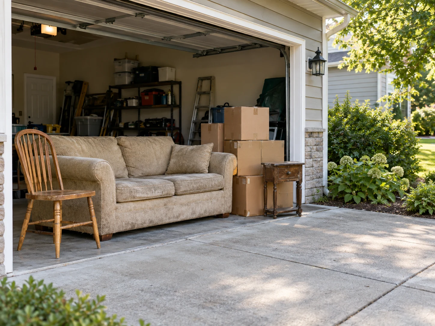 A sofa, wooden chair and boxes set out at a garage for removal
